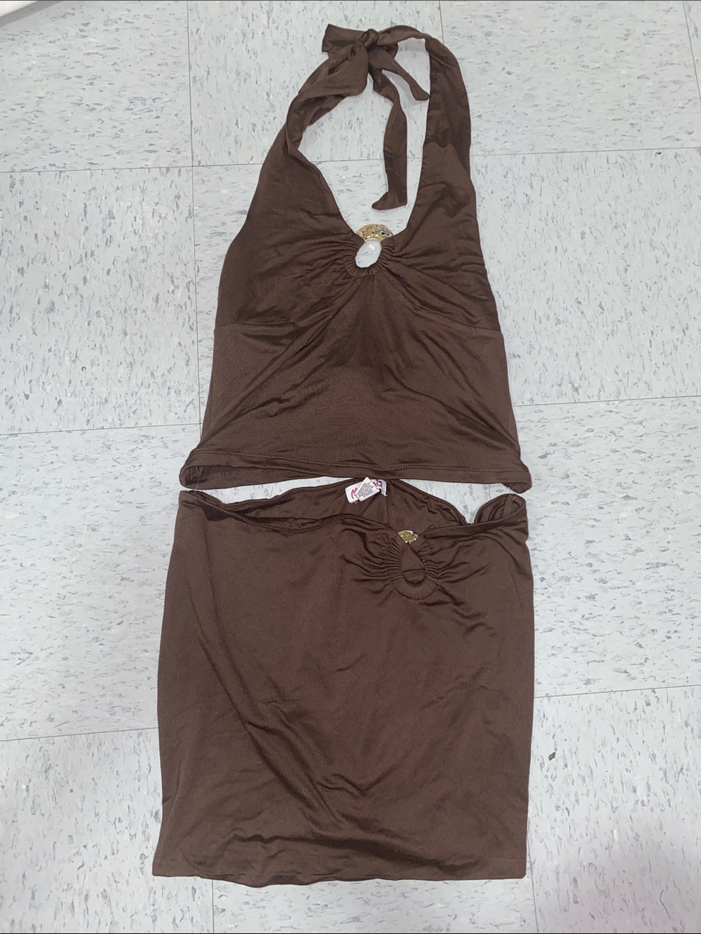 Brown Two-Piece Halter Top and Skirt Set women size L large gold madrag